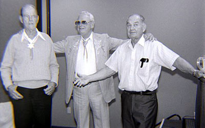 What a trio! Stuntman Tom Steele, Arizona Cowboy Rex Allen and top director William Witney share the stage at the Knoxville Western Film Fair in 1990. (Thanx to Grady Franklin.)