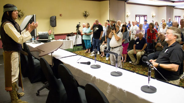 The audience, including Tim Considine (right), gave a standing ovation after Rudy’s performance as Geronimo.