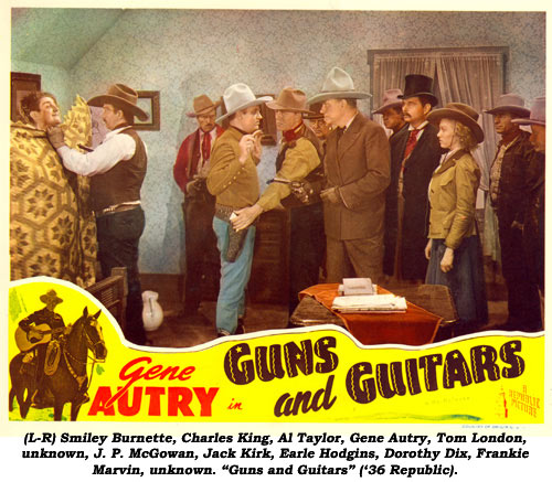 (L-R) Smiley Burnette, Charles King, Al Taylor, Gene Autry, Tom London, unknown, J. P. McGowan, Jack Kirk, Earle Hodgins, Dorothy Dix, Frankie Marvin, unknown. "Guns and Guitars" ('36 Republic).