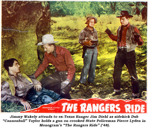 Jimmy Wakely attends to a wounded man as sidekick Dub "Cannonball" Taylor holds a gun on loutlaw Pierce Lyden in Monogream's "The Rangers Ride" ('48).