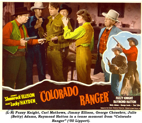 (L-R) Fuzzy Knight, Carl Mathews, Jimmy Ellison, George Chesebro, Julie (Betty) Adams, Raymond Hatton in a tense moment from "Colorado Ranger" ('50 Lippert).