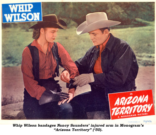 Whip Wilson bandages Nancy Saunders' injured arm in Monogram's "Arizona Territory" ('50).