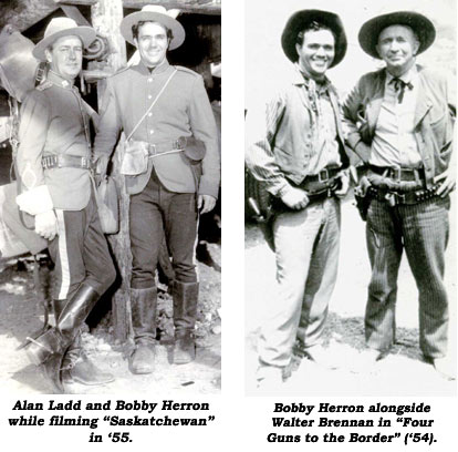 Alan Ladd and Bobby Herron while filming "Saskatchewan" in '55.  Bobby Herron alongside Walter Brennan.