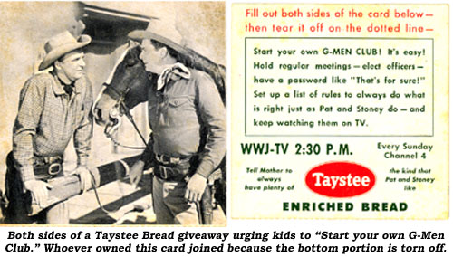 Both sides of a Taystee Bread giveaway urging kids to "Start your own G-Men Club." Whoever owned this card joined because the bottom portion is torn off.