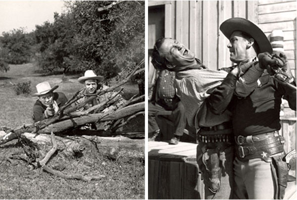 Two photos from Russell Hayden's personal collection. One-Russell and Jackie Coogan guns drawn, behind brush from "Cowboy G-Men". Two Russell fights with badguy from "Cowboy G-Men".