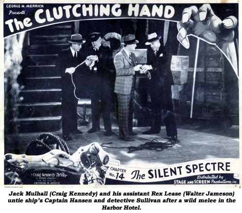 Jack Mulhall (Craig Kennedy) and his assistant Rex Lease (Walter Jameson) untie ship's Captain Hansen and detective Sullivan after a wild melee in the Harbor Hotel.