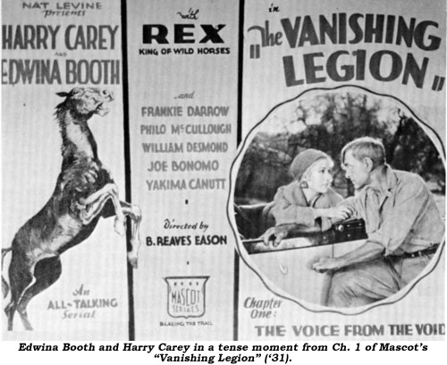 Edwina Booth and Harry Carey in a tense moment from Ch. 1 of Mascot's "Vanishing Legion" ('31).