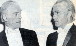 Republic stuntman Dale Van Sickel (on the right) made up to look like Boris Karloff for a film.