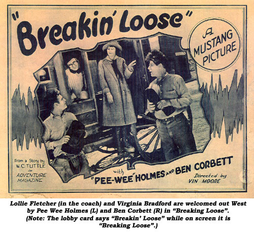 Lollie Fletcher (in the coach) and Virginia Bradford are welcomed out West by Pee Wee Holmes (L) and Ben Corbett (R) in "Breaking Loose". (Note: The lobby card says "Breakin' Loose" while on screen it is "Breaking Loose".