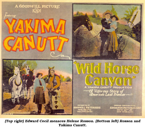 (Top right) Edward Cecil menaces Helene Rosson. (Bottom left) Rosson and Yakima Canutt.