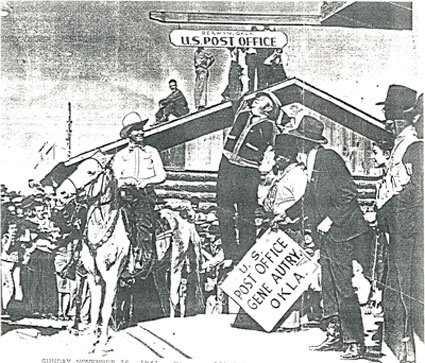 On a 90 degree day before 35,000 people, Berwyn, Oklahoma, officially became Gene Autry, Oklahoma, on Sunday, November 16, 1941, when then postmaster O. D. Thomas took down the old post office sign and replaced it with a new one. Gene broadcast his “Melody Ranch” radio show from the newly named town that day.