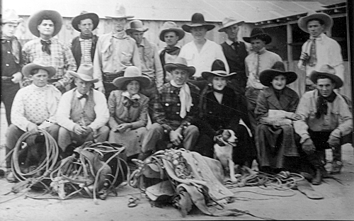 Bottom L-R: Bud Osborne, Neal Hart, script girl, Harry Carey Sr., Ollie Carey, unknown, Joe Rickson. Top Row: fifth from left: Bill Steele, second from right: Johnny Tyke. 