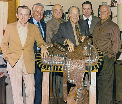 (L-R) Jimmy Wakely, stuntman Wayne Burson, actor Ted French, director Oliver Drake, Johnny Bond, Bob Nolan in November 1975. 