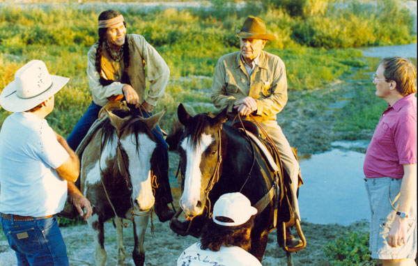 Michael Ansara and Glenn Ford with director Chris McIntire (pink shirt) on location for “The Law at Randada” (aka “Border Shootout”), a Turner TV movie in 1990. (Thanx to Neil Summers.)