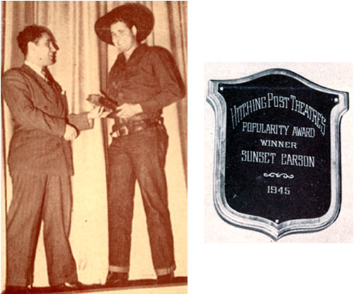 Republic’s Sunset Carson receives the Hitching Post Theater’s Popularity Award for 1945 at the Fox West Coast Rivoli Theater in Los Angeles. Presenter is Fred Gebhardt, manager of the Rivoli, the largest all -western theater in the country. 