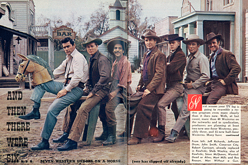 From TV GUIDE August 2-8, 1958, comes this great spread announcing six new TV Westerns. (L-R) Jeff Richards (“Jefferson Drum”), John Smith (“Cimarron City”), Robert Carricart (who was replaced by Paul Brinegar on “Rawhide”), Sheb Wooley (“Rawhide”), Steve McQueen (“Wanted Dead or Alive”...notice how his wardrobe changed from this photograph til the actual series), Mort Mills and Rex Reason (“Man Without a Gun”). 