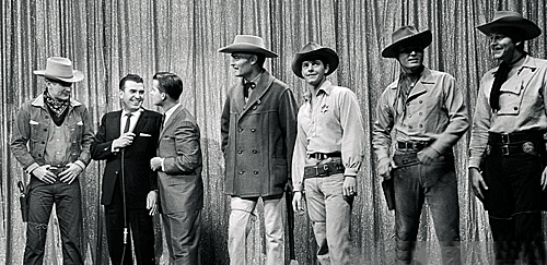 Warner Bros. TV Western Stars on the United Cerebral Palsy fund raiser.
(L-R) Will "Sugarfoot" Hutchins, hosts Dennis James and Dick Clark, John "Lawman" Russell, Peter "Lawman" Brown, Ty "Bronco" Hardin, Wayde "Colt .45" Preston...and below: Jack "Maverick" Kelly, hosts Dennis James and Dick Clark, Will "Sugarfoot" Hutchins, John "Lawman" Russell, Peter "Lawman" Brown, Ty "Bronco" Hardin, Wayde "Colt .45" Preston.