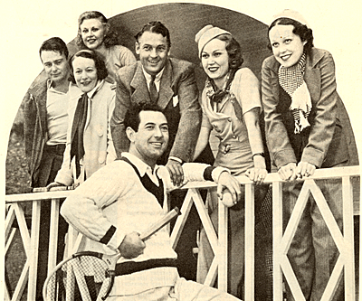 Attending Johnny Mack Brown's tennis party in March 1934 are (L-R) Lew Ayres, Ginger Rogers, Virginia Valli and her husband Charles Farrell, Fay Wray and B-Western actress Barbara Weeks.