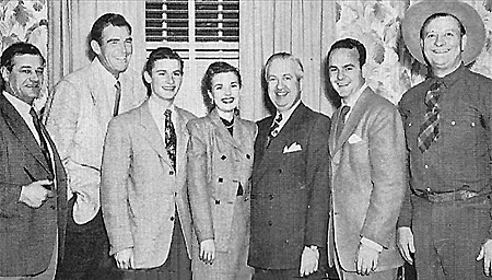 Celebrities at the premier of ??? (L-R) Tom McDowell, Rod Cameron, Roddy
McDowall, Gale Storm, Steve Broidy (president of Allied Artists), producer John
Champion and Max Terhune. 