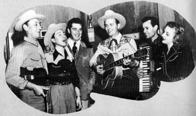 Jimmy Wakely (center) with Arthur "Fiddlin'" Smith (right) and His Texas Stars: Pete Martinez, Jack Rivers, Stanley Ellison and Becky Barfield (who was later with Spade Cooley).