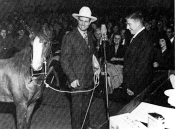 Gene Autry introduces Champion to Arthur Godfrey's radio studio audience. 