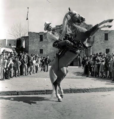 Roy Rogers and Trigger in front of the Alamo in San Antonio, Texas. Taken during a WWII war bond tour. (From Steve Crum's collection.)