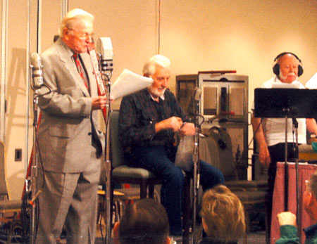 The late “Lone Ranger” radio and TV announcer Fred Foy and John Hart as the Lone Ranger in a radio episode recreation at the SPERDVAC 25th anniversary convention.