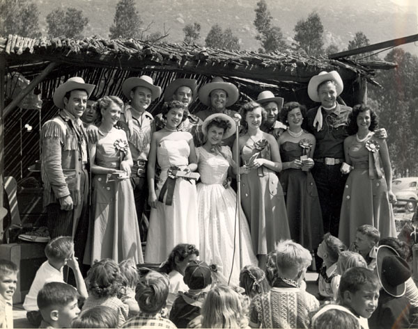 Wish I knew more about this picture, obviously taken at Corriganville for some sort of beauty pagent or awards presentation. (L-R) unknown in fringe, possibly a musician, unknown face, Bill Hale, unknown, possibly another musician, Ray “Crash” Corrigan, Max Terhune and Monte Hale. Obviously taken in 1951 when Corrigan, Terhune and Bill Hale filmed an unsold TV pilot, “Buckskin Rangers”.