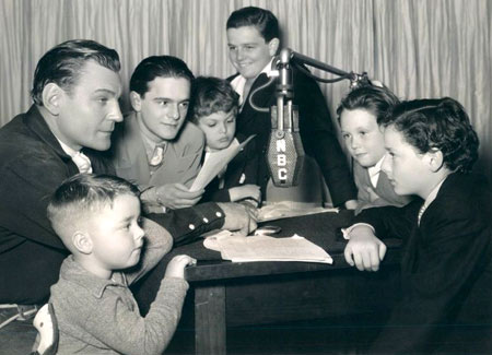 Obviously Buck Jones and group of young actors ready for an NBC radio show, just unsure of this photo’s origin. (L-R) Spanky McFarland, Buck Jones, Frankie Darro, Dickie Moore, unknown, unknown, Freddie Bartholomew. (Thanx to Bobby Copeland.)