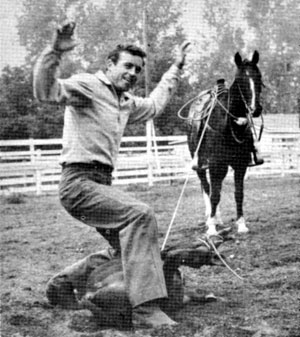 When not playing “Wild Bill Hickok”, Guy Madison likes to keep in shape by roping calves. 