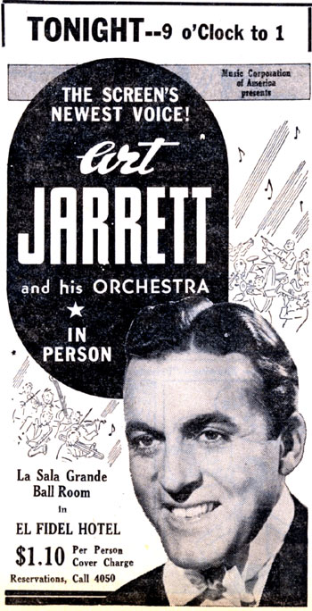 Bandleader/singer Art Jarrett appearing in Las Vegas, New Mexico in January 1939. Later that year Jarrett starred with Lee Powell and Fuzzy St. John in “Trigger Pals” for Grand National. 