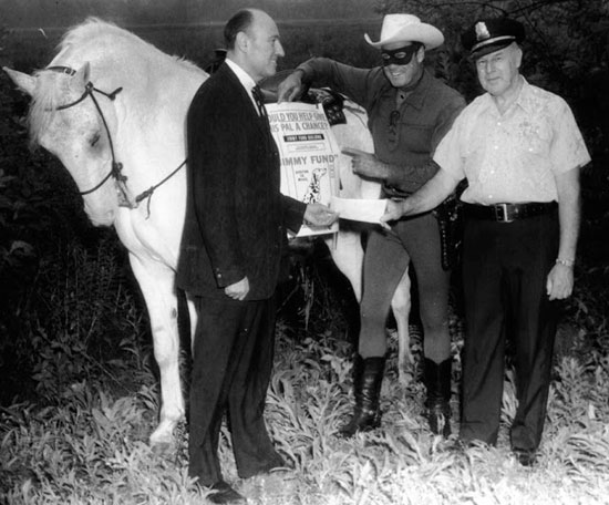 The Lone Ranger helps to promote the Jimmy Fund which raises vital funds to support adult and pediatric cancer care and research at the Dana-Farber Cancer Institute in Boston. Founded in 1948.