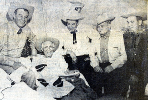 On December 24, 1960, several longtime friends of Hoot Gibson came to wish him a Merry Christmas at Southern Nevada Memorial Hospital where Gibson was recovering from an ailment. (L-R) Lt. Gov. Rex Bell, Hoot, Constable Woody Cole, Woody Woodward and Sid Freedman.