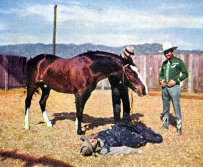 A trainer and Gene teach Champ to nudge a dummy in preparation for a movie scene in which he must awaken his master in the nick of time.