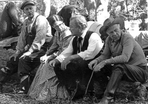 (L-R) John Qualen, ?, Paul Birch, Willis Bouchey on location at Alamo Village for “Two Rode Together” (‘61). (Thanx to Mike Smith, son of Paul Birch.)