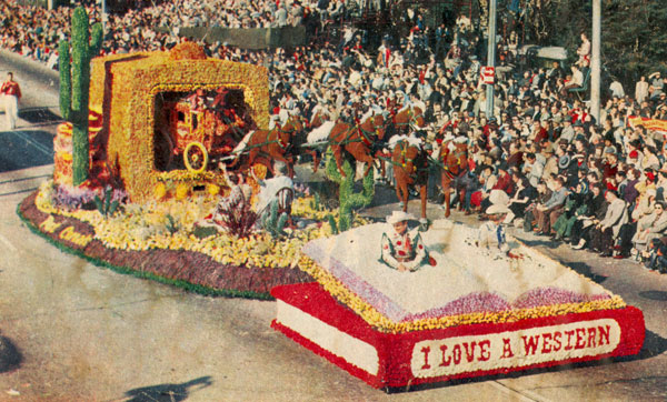 The Post Cereals/Roy Rogers, Dale Evans float in the Pasadena Tournament of Roses parade in 1956. Roy and Dale consecutively won the Grand Prize and two Governor’s Trophies. The stagecoach rocked, its wheels turned and the horses were in motion.