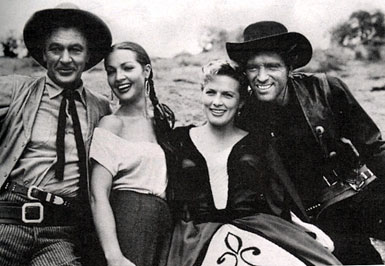 Gary Cooper, Sarita Montiel, Denise Darcel and Burt Lancaster on the set of “Vera Cruz” (‘54). (Courtesy of Laura Wagner, CLASSIC IMAGES.)