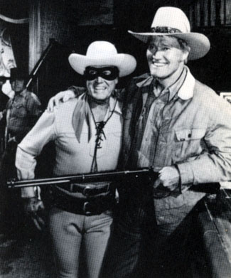 n the set of “When the West Was Fun: A Western Reunion” (‘79) with The Lone Ranger (Clayton Moore) and The Rifleman (Chuck Connors). George Montgomery can be glimpsed in the back.