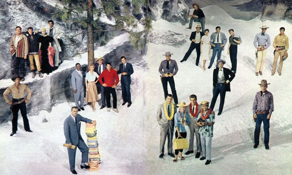 Producer Bill Orr (foreground beside stack of scripts) with the stars of ten Warner Bros. TV series in 1960. (L-R) Clint Walker (“Cheyenne”), Jeff York, Dorothy Provine, Ray Danton (“The Alaskans”), Eddie Cole, Arlene Howell, Andrew Duggan, Van Williams, Richard Long (“Bourbon Street Beat”), Wayde Preston (“Colt .45”), Anthony Eisley, Connie Stevens, Robert Conrad, Poncie Ponce (“Hawaiian Eye”), Ty Hardin (“Bronco”), Louis Quin, Jacqueline Beer, Efrem Zimbalist Jr., Edd Byrnes (“77 Sunset Strip”), Jack Kelly (“Maverick”), John Russell, Peter Brown (“Lawman”) and Will Hutchins (“Sugarfoot”).