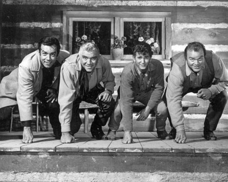 The “Bonanza” Boys are ready for action! Pernell Roberts, Lorne Greene, Michael Landon, Dan Blocker.