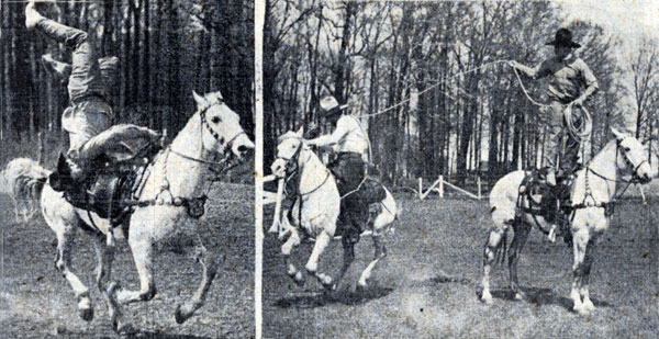 Buff Brady performs some trick riding and roping in May 1931 for a big rodeo in Toledo, Ohio. Brady was voted World’s Champion All Around at the Cheyenne Days celebration in 1930. Brady got into filmwork in 1950 with “The Dalton’s Women” with Lash LaRue. Brady doubled Roy Rogers for awhile in 1952 for Roy’s TV show and later did stuntwork in major Westerns such as “The Big Country”, “Yellowstone Kelly”, “The Alamo” as well as many TV Westerns. He died at 86 in 2004. 