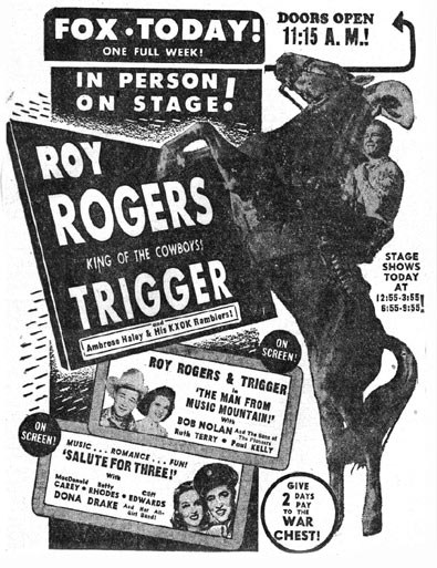 Roy Rogers and Trigger on stage at the Fox in Sweetwater, TX (near Abilene) in 1943.