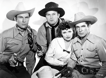 Tom Tyler, Rufe Davis, Lois Collier, Bob Steele as the Three Mesquiteers.