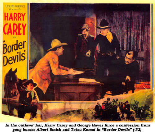 In the outlaws' lair, Harry Carey and George Hayes force a confession from gang bosses Albert Smith and Tetsu Komai in "Border Devils" ('32).