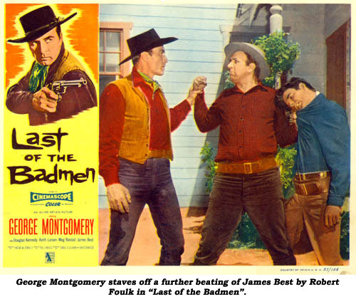 George Montgomery staves off a further beating of James Best by Robert Foulk in "Last of the Badmen".