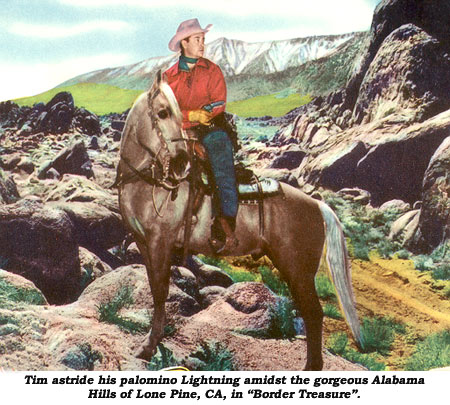 Tim Holt astride his palamino Lightning amidst the gorgeous Alabama Hills of Lone Pine, CA, in "Border Treasure".